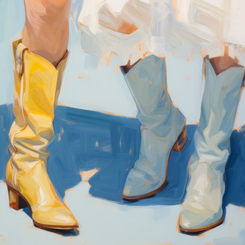 May include: A pair of boots, one yellow and one light blue, are shown on a blue background. The yellow boot is on the left and the light blue boot is on the right. The yellow boot has a pointed toe and a low heel. The light blue boot has a rounded toe and a low heel.