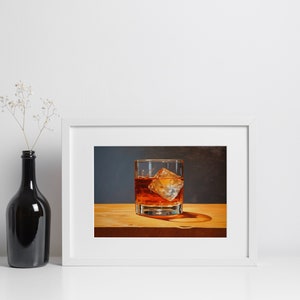 May include: A framed painting of a glass of amber liquid with an ice cube, on a wooden surface.