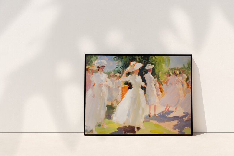 May include: A framed art print depicting a sunny outdoor scene. The painting features figures in white dresses and hats, with a vibrant green and yellow background. The artwork is displayed against a white wall.