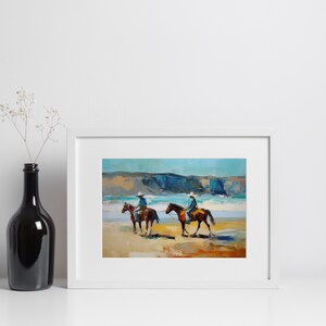 Peut inclure: Une peinture encadr&eacute;e repr&eacute;sentant deux personnes &agrave; cheval sur une plage. La peinture est r&eacute;alis&eacute;e dans un style libre et impressionniste avec des couleurs vives. L'arri&egrave;re-plan pr&eacute;sente un littoral rocheux et un ciel bleu.
