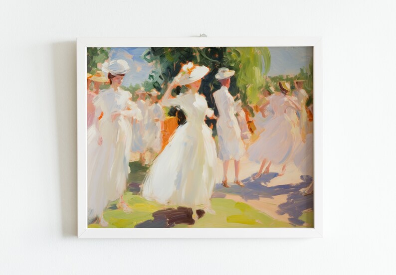 May include: An impressionistic painting in a white frame depicts a group of people in white dresses and hats outdoors. The artwork uses soft brushstrokes and a pastel color palette, with green foliage and blue sky visible.