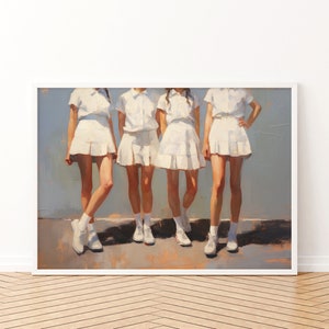 May include: Four people wearing white shirts and skirts stand in a row. They are all wearing white sneakers and have their legs slightly apart. The background is a light blue color.