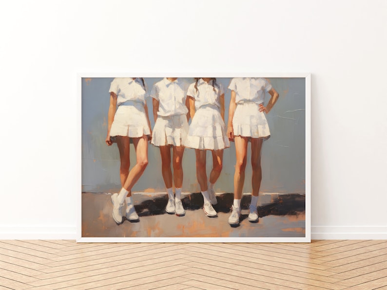 May include: Four people wearing white shirts and skirts stand in a row. They are all wearing white sneakers and have their legs slightly apart. The background is a light blue color.