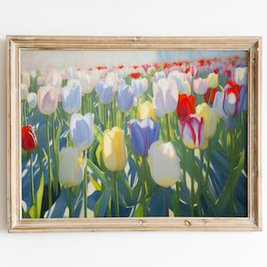 Tulip Field Painting | Pastel Spring Print | Soft Aesthetic Decor | Floral Art Download