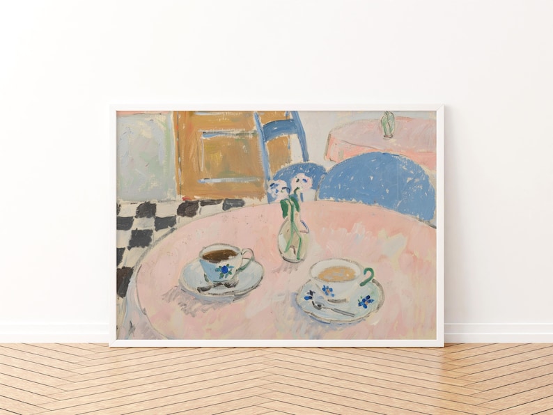 May include: A framed art print depicting an interior scene with a pink round table, two teacups on saucers, a small vase with flowers, a blue chair, and a black and white checkered floor, rendered in a painterly style with visible brushstrokes.
