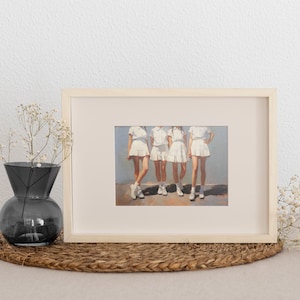 May include: Framed painting of four people wearing white dresses and standing in a row. The background is a light blue color.