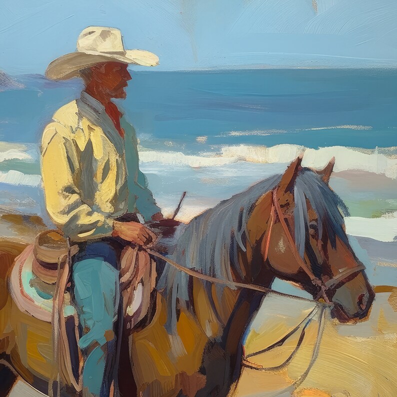Pu&ograve; includere: Dipinto a olio di un cowboy a cavallo sulla spiaggia. Il cowboy indossa un cappello bianco, una camicia gialla e pantaloni blu. Il cavallo &egrave; marrone con una criniera grigia. L'oceano e il cielo sono blu.