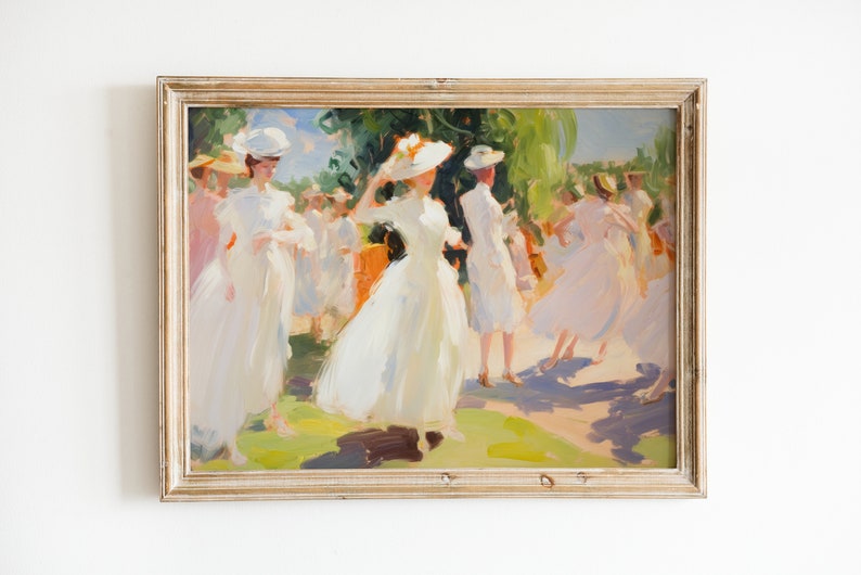 May include: Oil painting in a distressed gold frame depicts a group of people in white dresses and hats in a sunny outdoor setting. The artwork has a soft, impressionistic style with visible brushstrokes and a focus on light and shadow.