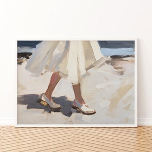 May include: An abstract painting of a person walking, wearing white shoes with gold heels. The person is wearing a white dress or skirt. The artwork is framed in a white border and set against a white wall and wooden floor.