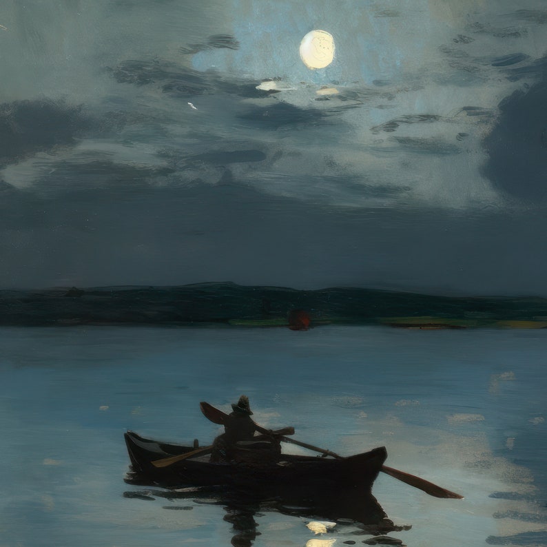 以下が含まれることがあります： 月明かりの夜の風景を描いた油絵。月光を反射する水面を、人がボートで漕いでいます。暗い雲が空を覆い、明るい満月が輝いています。この絵は、静けさと孤独感を呼び起こします。