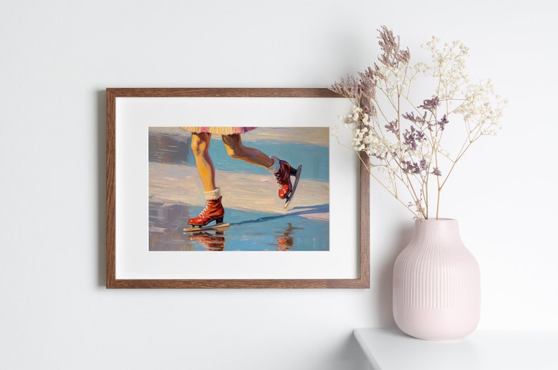Peut inclure: Une impression de peinture &agrave; l'huile encadr&eacute;e repr&eacute;sentant une paire de jambes portant des patins &agrave; glace rouge vif avec des lacets et des revers blancs, glissant sur une surface glac&eacute;e bleue et blanche. L'&oelig;uvre est dans un cadre en bois fonc&eacute;.