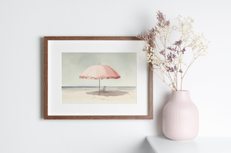 Pale Watercolor Painting | Beach Umbrella Print | Light Pink Aesthetic Art | Muted Downloadable Print image 7