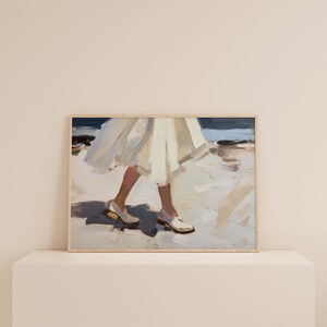 May include: An abstract painting depicts a person walking, with focus on the lower body. The person wears a white dress and white shoes with gold accents. The background suggests a beach scene with blue and white tones.