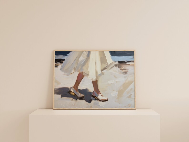 May include: An abstract painting depicts a person walking, with focus on the lower body. The person wears a white dress and white shoes with gold accents. The background suggests a beach scene with blue and white tones.