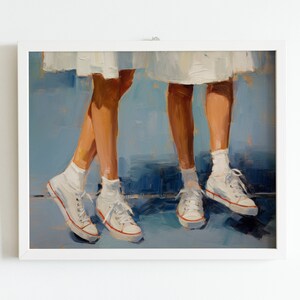 May include: A painting depicting two pairs of legs wearing white trainers with red trim. The legs are wearing white skirts and are standing on a blue background.