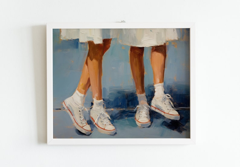 May include: A painting depicting two pairs of legs wearing white trainers with red trim. The legs are wearing white skirts and are standing on a blue background.