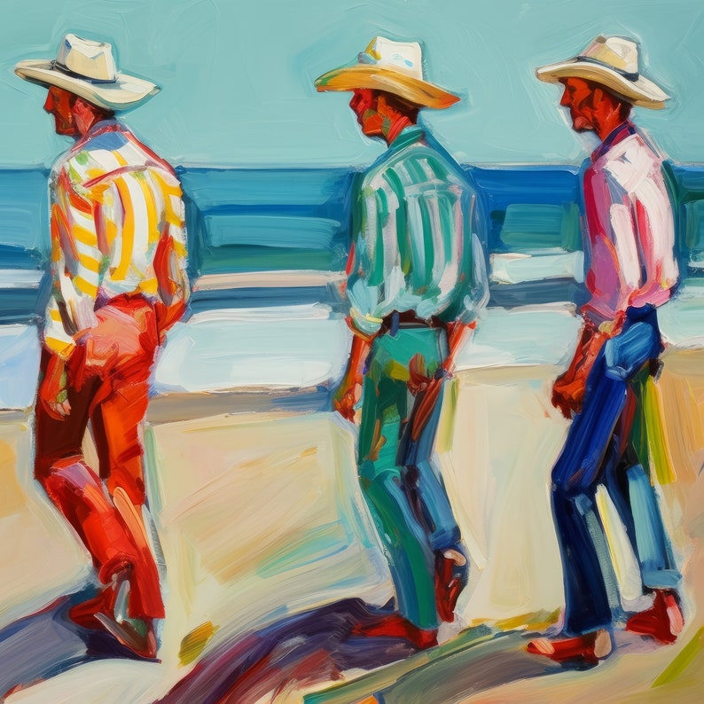 May include: An impressionistic painting depicts three figures walking along a beach. Each figure wears a straw hat and a button-down shirt in vibrant colors: yellow and white stripes, green stripes, and pink. They are wearing red, green, and blue pants.