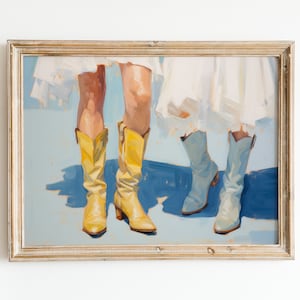 May include: A framed painting of two pairs of legs wearing boots. The boots on the left are yellow and the boots on the right are blue.