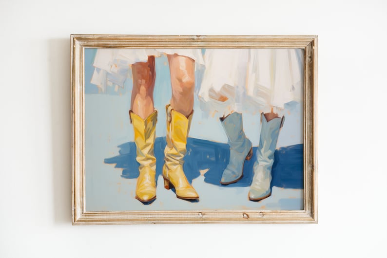 May include: A framed painting of two pairs of legs wearing boots. The boots on the left are yellow and the boots on the right are blue.