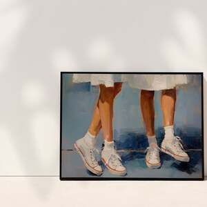 May include: A painting depicting two pairs of legs wearing white trainers with red accents. The legs are wearing white socks and are standing on a blue surface. The painting is framed in black.