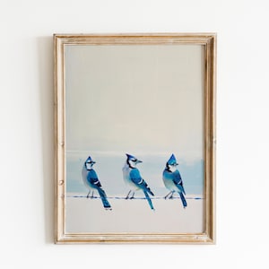 May include: A framed painting of three blue jays perched on a wire against a light blue and white background.