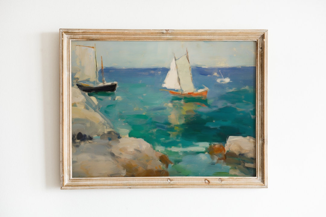 Sailboat Art Print | Vintage Coastal Decor | Seascape Painting ...