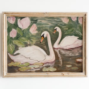 Impresión de cisne / Arte de pared imprimible suave / Decoración rosa y verde / Pintura de oficina femenina