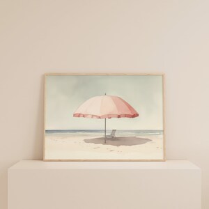 Pale Watercolor Painting | Beach Umbrella Print | Light Pink Aesthetic Art | Muted Downloadable Print image 4