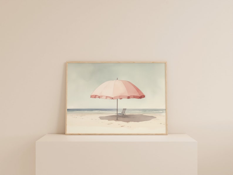 Pale Watercolor Painting | Beach Umbrella Print | Light Pink Aesthetic Art | Muted Downloadable Print image 4