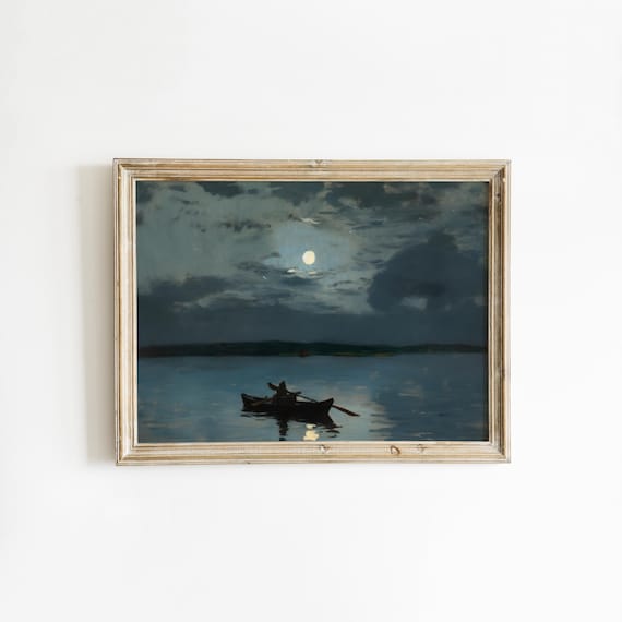 Night Sky Print | Full Moon Painting | Dark Moody Vintage Decor | Goth Printable Art