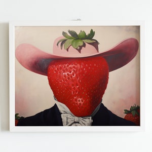 Peut inclure: Une peinture encadr&eacute;e repr&eacute;sentant une grosse fraise rouge avec un sommet feuillu vert portant un chapeau rose &agrave; larges bords. La fraise est v&ecirc;tue d'une veste de costume sombre avec une chemise blanche &agrave; col et un n&oelig;ud papillon blanc.