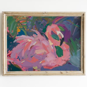 Tableau abstrait flamant rose | Décoration murale tropicale pour salle de bain | Décoration rose girly | Impression téléchargeable sur la côte