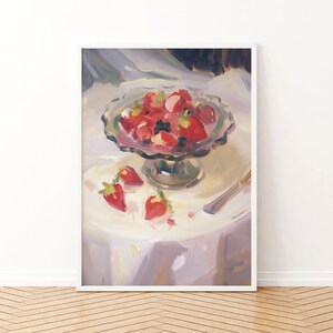 May include: A painting of a bowl of red strawberries and blackberries on a white tablecloth. The bowl is on a silver pedestal and there are a few strawberries on the table beside the bowl.