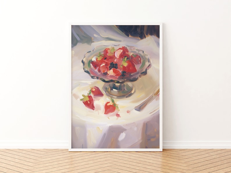 May include: A painting of a bowl of red strawberries and blackberries on a white tablecloth. The bowl is on a silver pedestal and there are a few strawberries on the table beside the bowl.