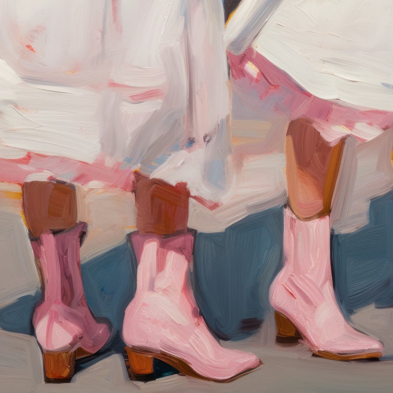 May include: Two pairs of pink heeled boots with a white and pink dress in the background.