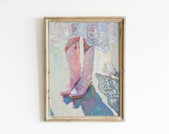 Preppy Pastel Pink Wall Art | Cowboy Boot Painting | Vertical Print | Girly Room Decor | Trendy Printable Digital Download