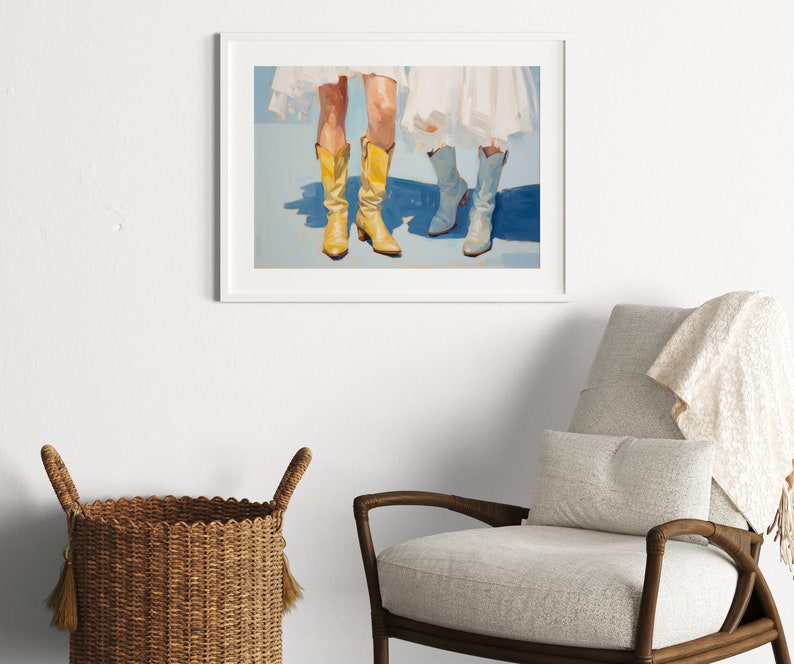 May include: A painting of two pairs of legs wearing cowboy boots. One pair of boots is yellow and the other pair is blue. The boots are on a light blue background.