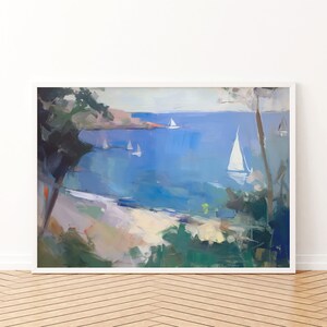 May include: A painting of a seascape with sailboats in the distance. The scene is viewed from a rocky shore with green trees and bushes in the foreground. The water is a vibrant blue and the sky is a soft blue.
