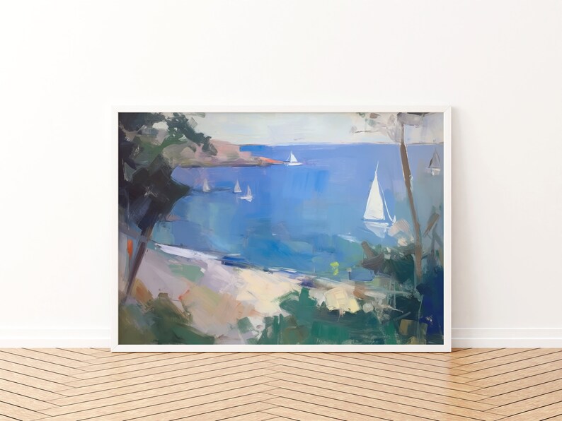 May include: A painting of a seascape with sailboats in the distance. The scene is viewed from a rocky shore with green trees and bushes in the foreground. The water is a vibrant blue and the sky is a soft blue.