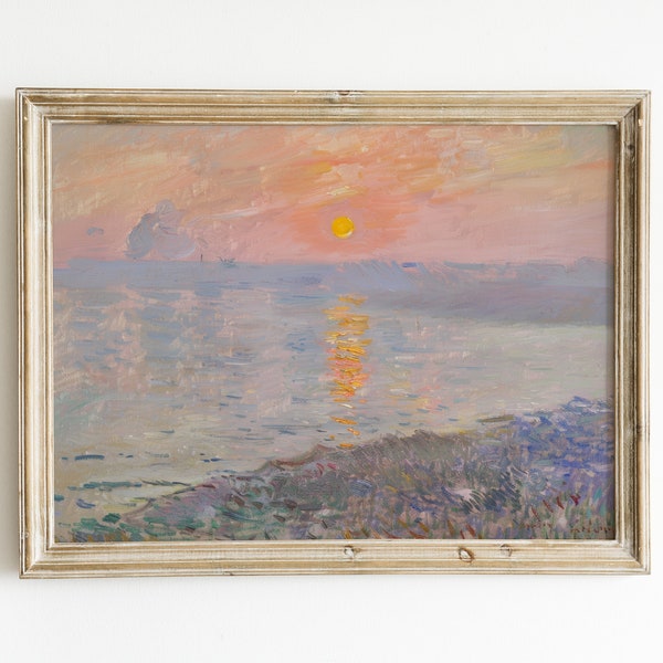 Rosa Ozean Sonnenuntergang Gemälde | Vintage Küstenwand Kunst | Niedliches Wohnung Poster | Trendy druckbare Download