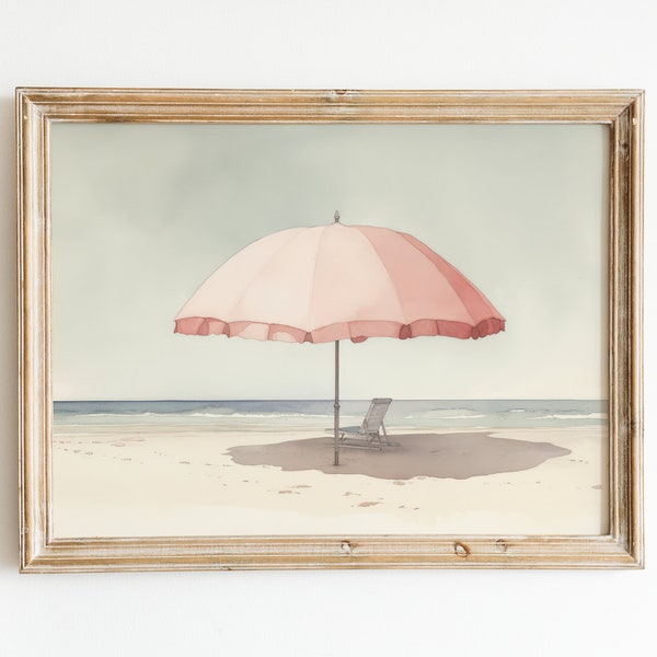 Pale Watercolor Painting | Beach Umbrella Print | Light Pink Aesthetic Art | Muted Downloadable Print