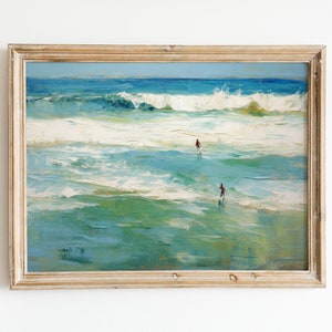 レトロな海のプリント | ソフトブルーの絵画 | ビーチハウスの装飾 | 海岸沿いの印刷可能な壁アート