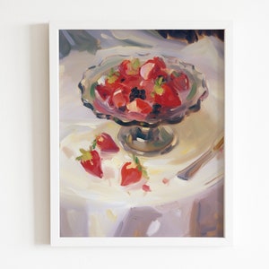 May include: A painting of a glass bowl filled with red strawberries and blackberries, sitting on a white tablecloth. There are a few strawberries on the table next to the bowl.