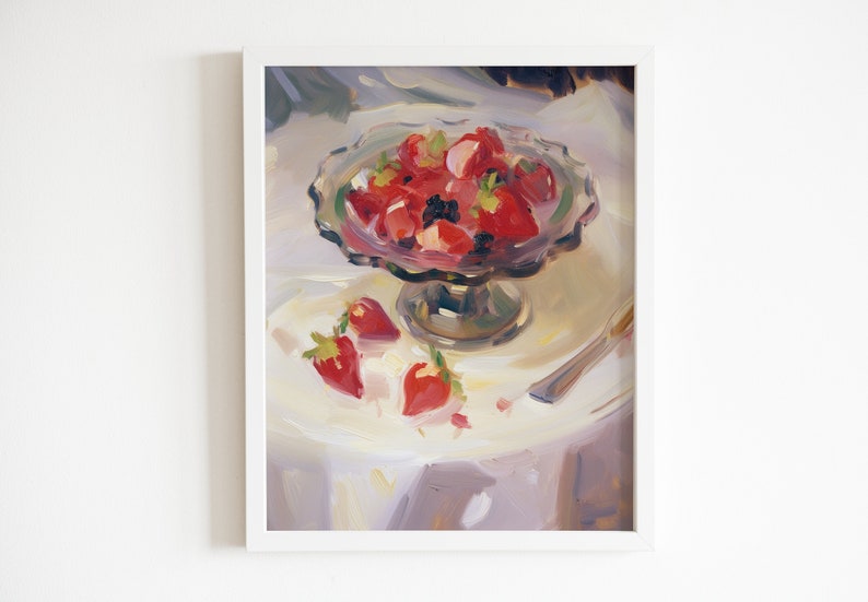 May include: A painting of a glass bowl filled with red strawberries and blackberries, sitting on a white tablecloth. There are a few strawberries on the table next to the bowl.