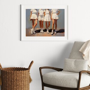 May include: A painting of four women wearing white skirts and white shoes, standing in a row against a light blue background.