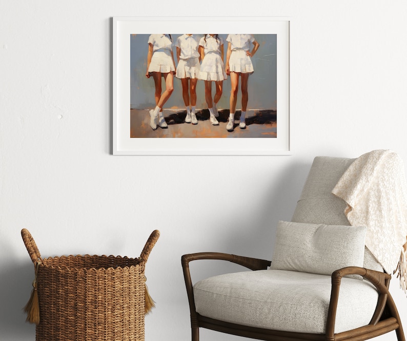 May include: A painting of four women wearing white skirts and white shoes, standing in a row against a light blue background.