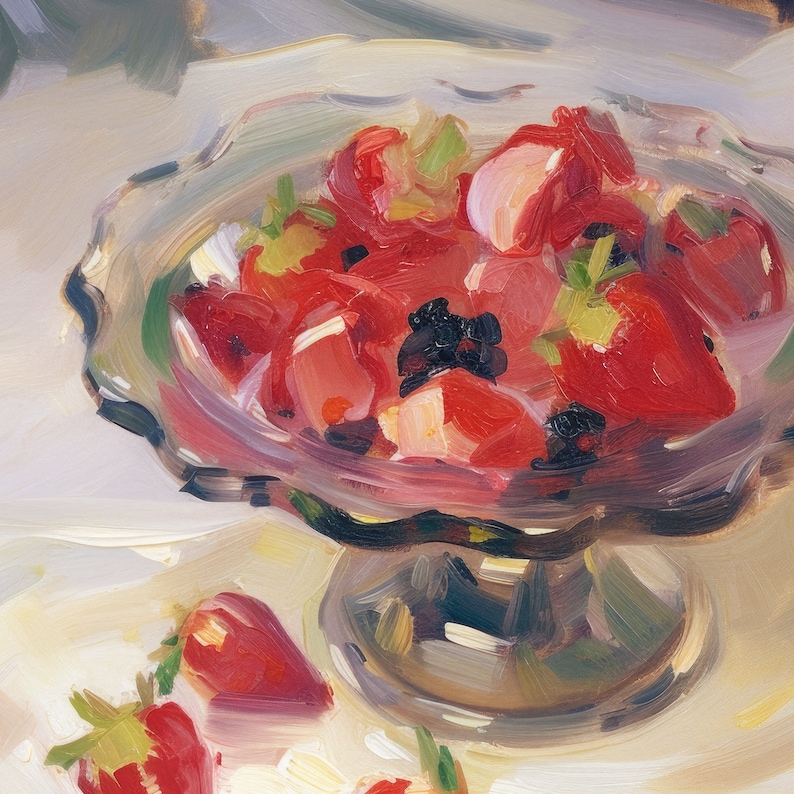 May include: A glass bowl filled with a red fruit salad. The bowl is on a pedestal and has a scalloped edge. The fruit salad is made up of strawberries, raspberries, and blackberries.