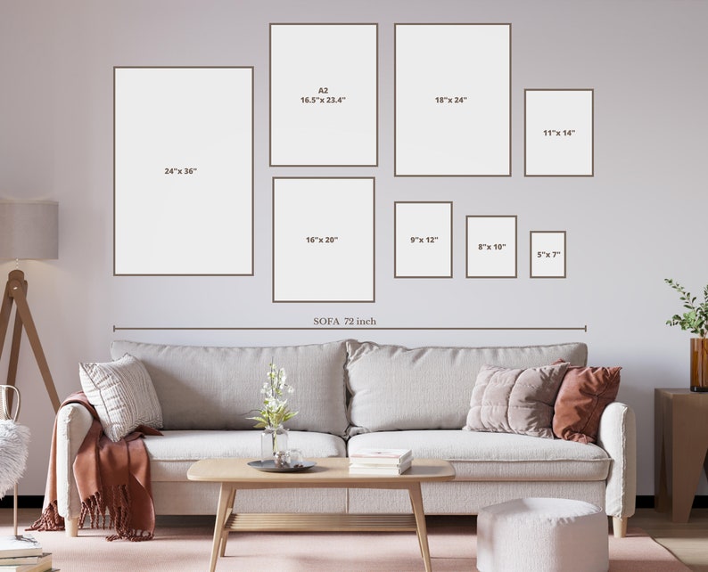 May include: A living room interior design mockup with a beige sofa and a coffee table. The wall is decorated with a gallery wall of framed prints in various sizes. The prints are labeled with their dimensions in inches. The sofa is 72 inches wide.