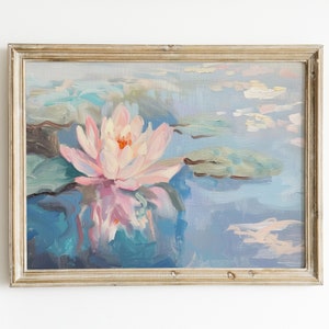 Pintura de nenúfar / Arte de pared de apartamento rosa y azul / Descarga de impresión floral / Impresión en colores pastel suave / Estética femenina