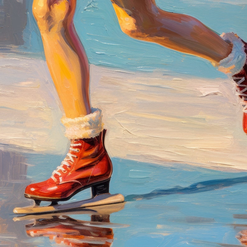 Peut inclure: Une peinture &agrave; l'huile repr&eacute;sentant une paire de jambes portant des patins &agrave; glace rouges avec des lacets blancs et des revers en fausse fourrure blanche. Les patins ont des lames argent&eacute;es sur une surface bleu clair aux reflets.